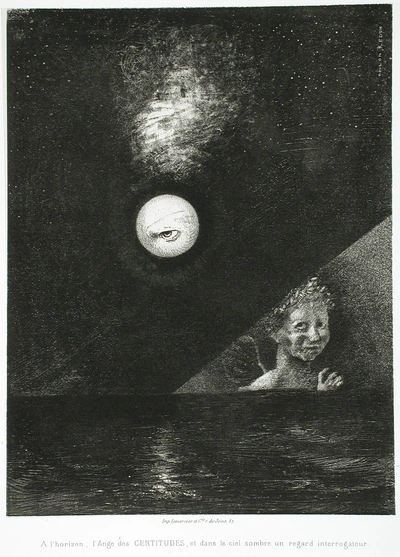 An image added by cosmos on Jul 10, 2024. May present: odilon redon on the horizon, odilon redon, on the horizon, the angel of certitude, and in the dark sky, a questioning glance, los angeles county museum of art, to edgar poe (the eye, like a strange balloon, mounts toward infinity) [à edgar poe (l'oeil, comme un ballon bizarre se dirige vers l'infini)].