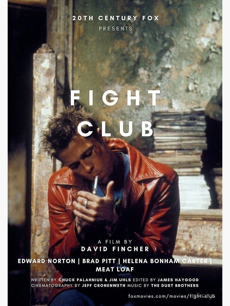 A Pinterest pin added on Oct 25, 2024. The author is vasilii. May present: poster brad pitt fight club, brad pitt, fight club, poster, tyler durden.
