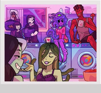 A cover of "Monster Prom" cluster. The owner is heymarigold. The cluster description is "A collection of fan art and official art of Monster Prom.". The cluster consists of 82 elements.