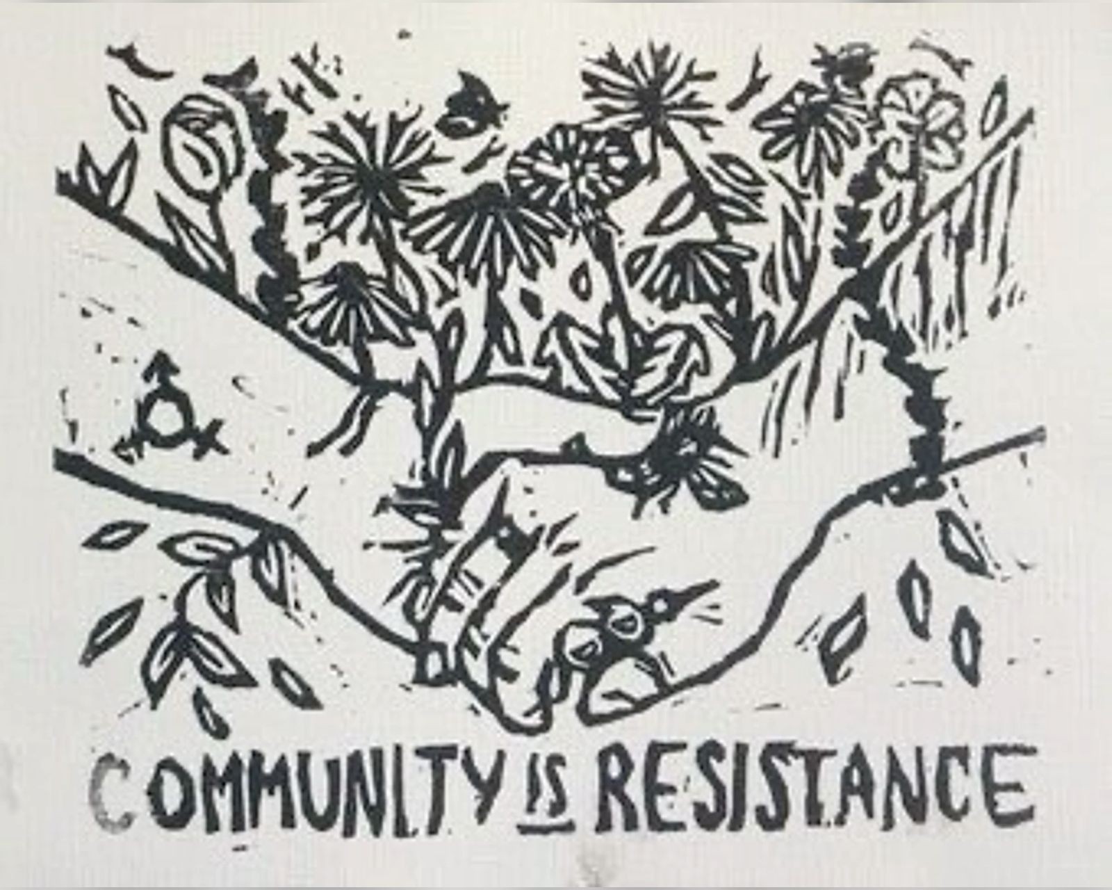 A Pinterest pin added by frogfleamarket on Mar 24, 2025. The author is @asillylittleguy. May present: community resistance, linocut, community is resistance.