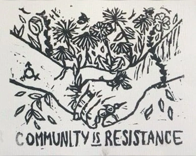 A Pinterest pin added by frogfleamarket on Mar 24, 2025. The author is @asillylittleguy. May present: community resistance, linocut, community is resistance.