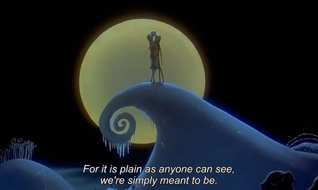 Jack Skellington and Sally on Spiral Hill in a still from Henry Selick's 1993 film The Nightmare Before Christmas.