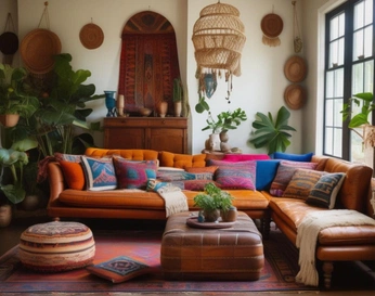 A cover of "Dopamine + Down to Earth" cluster. The owner is emcreates. The cluster description is "Bright colors anchored in cozy, eclectic warmth.". The cluster consists of 4 elements.