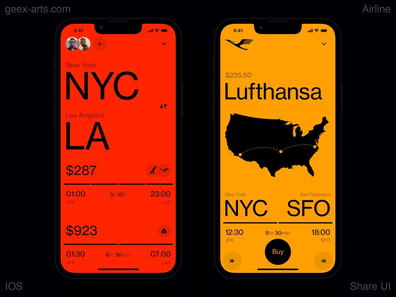 Airline mobile app design by Geex Arts.