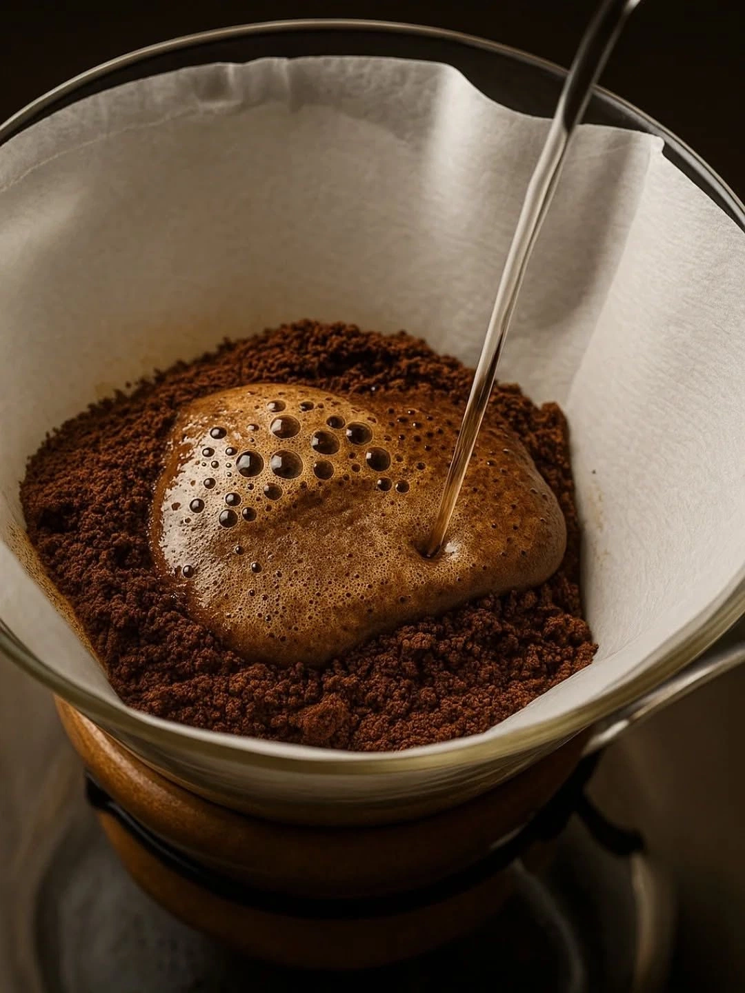 Coffee extraction process as hot water dissolves compounds from ground coffee