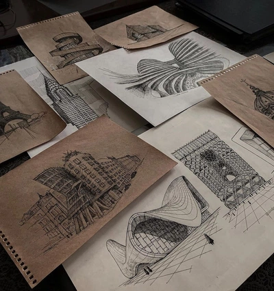 An Instagram  post added by danielpiloiu on Apr 08, 2024. The author is @sketch_architectart. May present: motif, sketch, architecture, art, font.