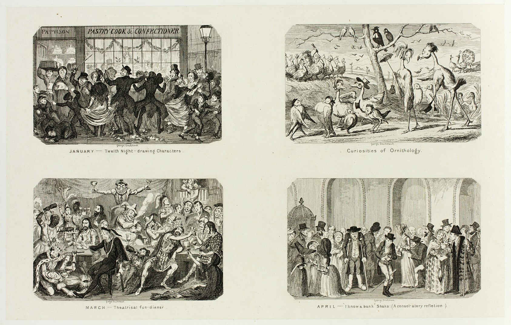 January - Twelfth Night Drawing Characters from George Cruikshank's Steel Etchings to The Comic Almanacks: 1835-1853 (top left)
