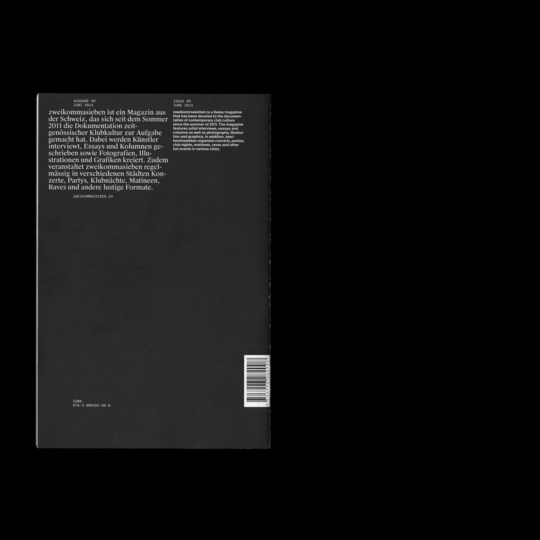 The back cover of zweikommasieben Magazin #9 from June 2014, published by Präsens Editionen.