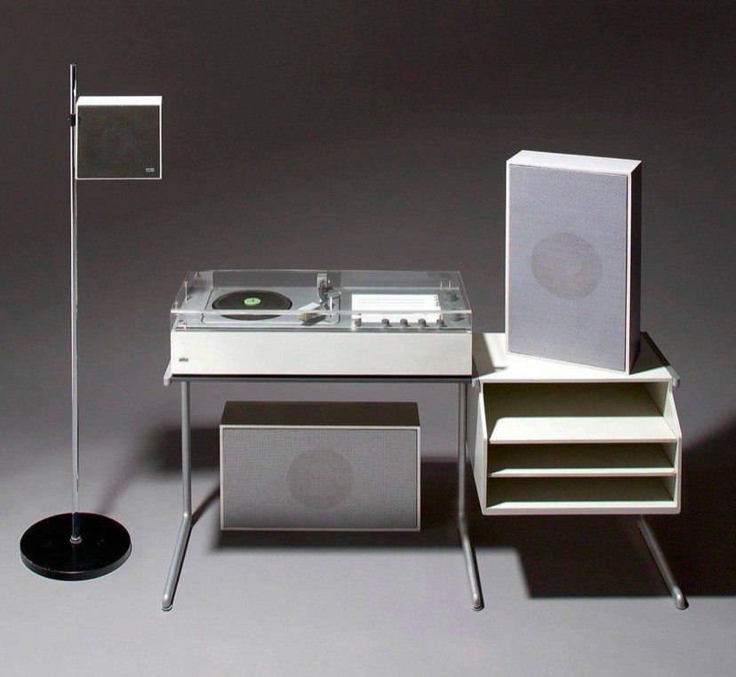 Braun audio system by Dieter Rams with the Audio 1 M turntable and L 01 loudspeaker.