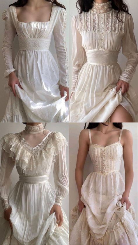 A collection of vintage Gunne Sax style dresses from the 1970s.