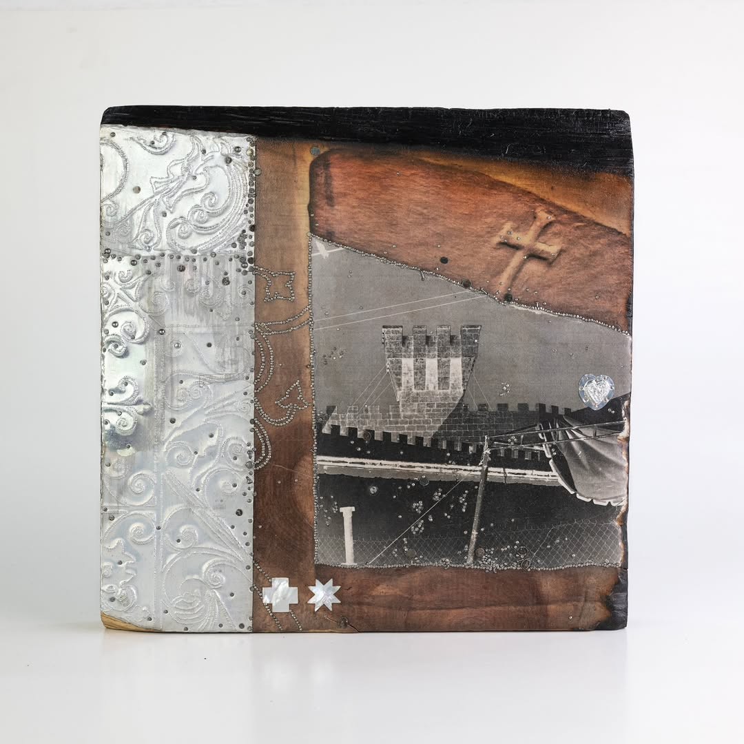Vigilia, a retablo of wood, image transfer, embossed aluminum, and mother-of-pearl.