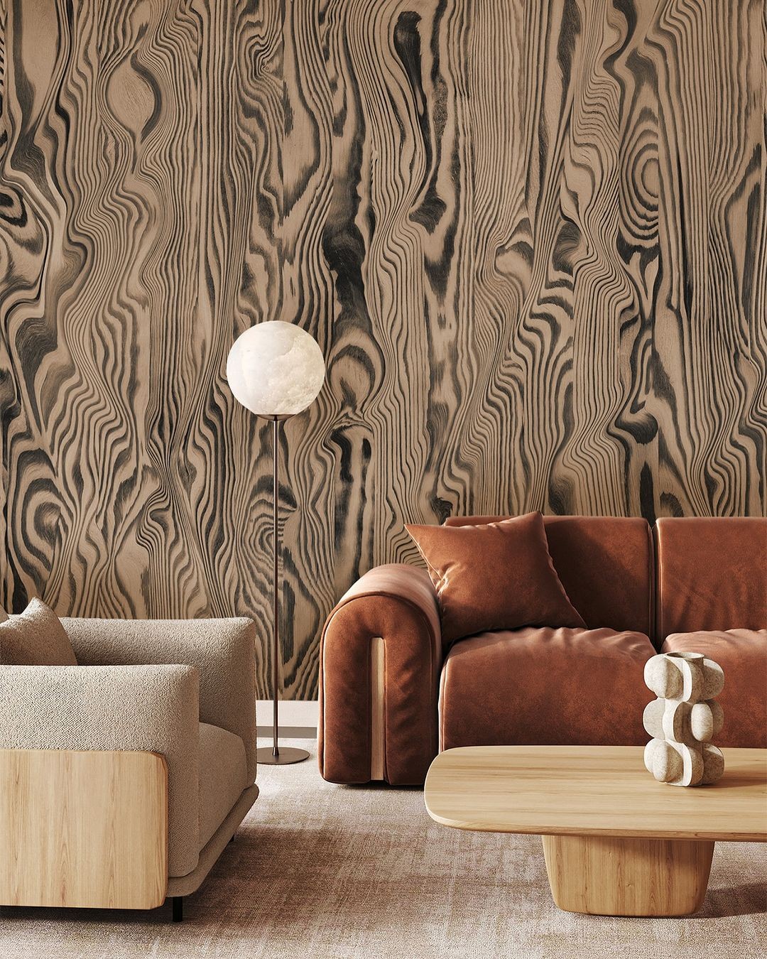 A modern Scandinavian interior featuring a Vibrant Veneer wall mural and a terracotta sofa.