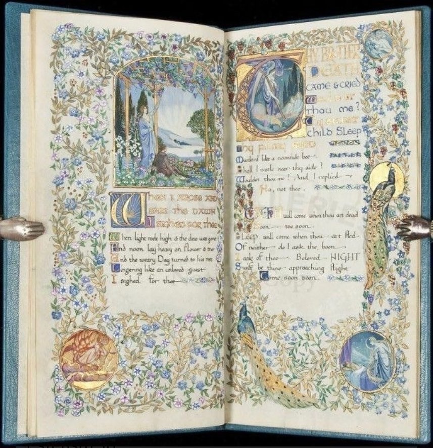 An illuminated manuscript featuring poetry by Percy Bysshe Shelley.