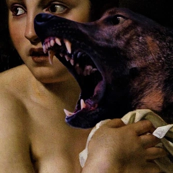 A cover of "i’m not a violent dog" cluster. The owner is akrllic. The cluster description is "i don’t know why i bite". The cluster consists of 17 elements.