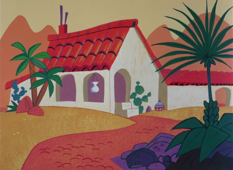 Background painting by Tom O'Loughlin for the 1964 Looney Tunes short Road to Andalay.