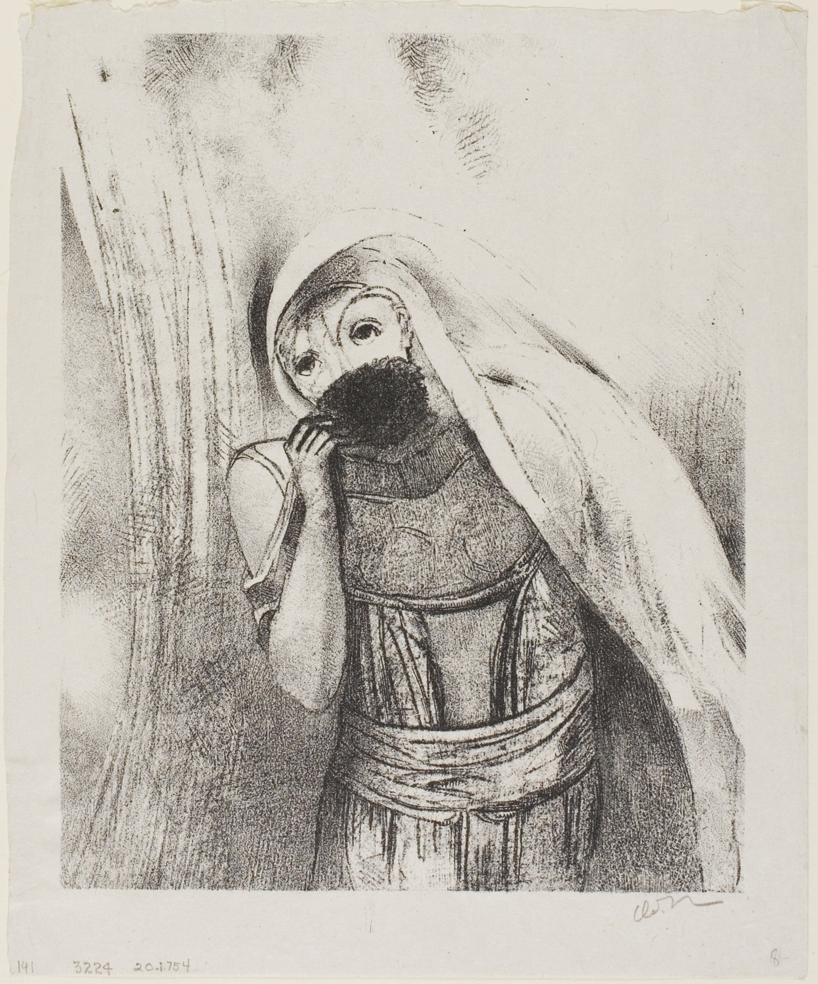 An image added by cosmos on Jul 11, 2024. May present: odilon redon, elle tire de sa poitrine une eponge toute noire, la couvre de baisers (she draws from her bosom a sponge, perfectly black, and covers it with kisses), art, {lithograph, print.