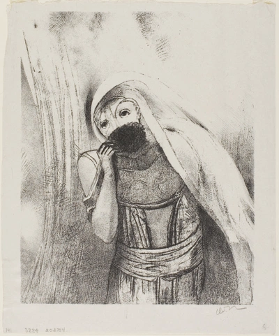 An image added by cosmos on Jul 11, 2024. May present: odilon redon, elle tire de sa poitrine une eponge toute noire, la couvre de baisers (she draws from her bosom a sponge, perfectly black, and covers it with kisses), art, {lithograph, print.