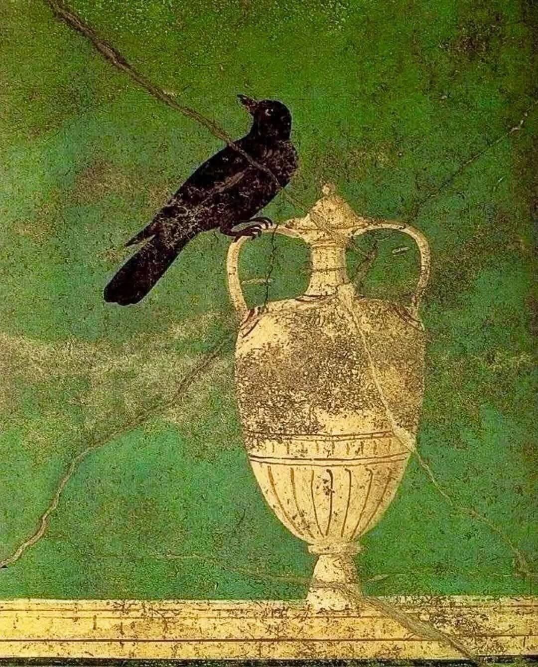 Roman fresco A Rook (on a vase) from Pompeii, Italy, c. 100 BCE.