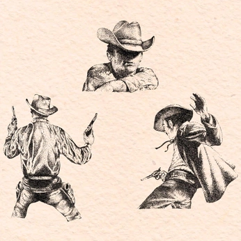 A cover of "COWBOYS, QUICK DRAWS" cluster. The owner is kindanicedesign. The cluster consists of 3 elements.