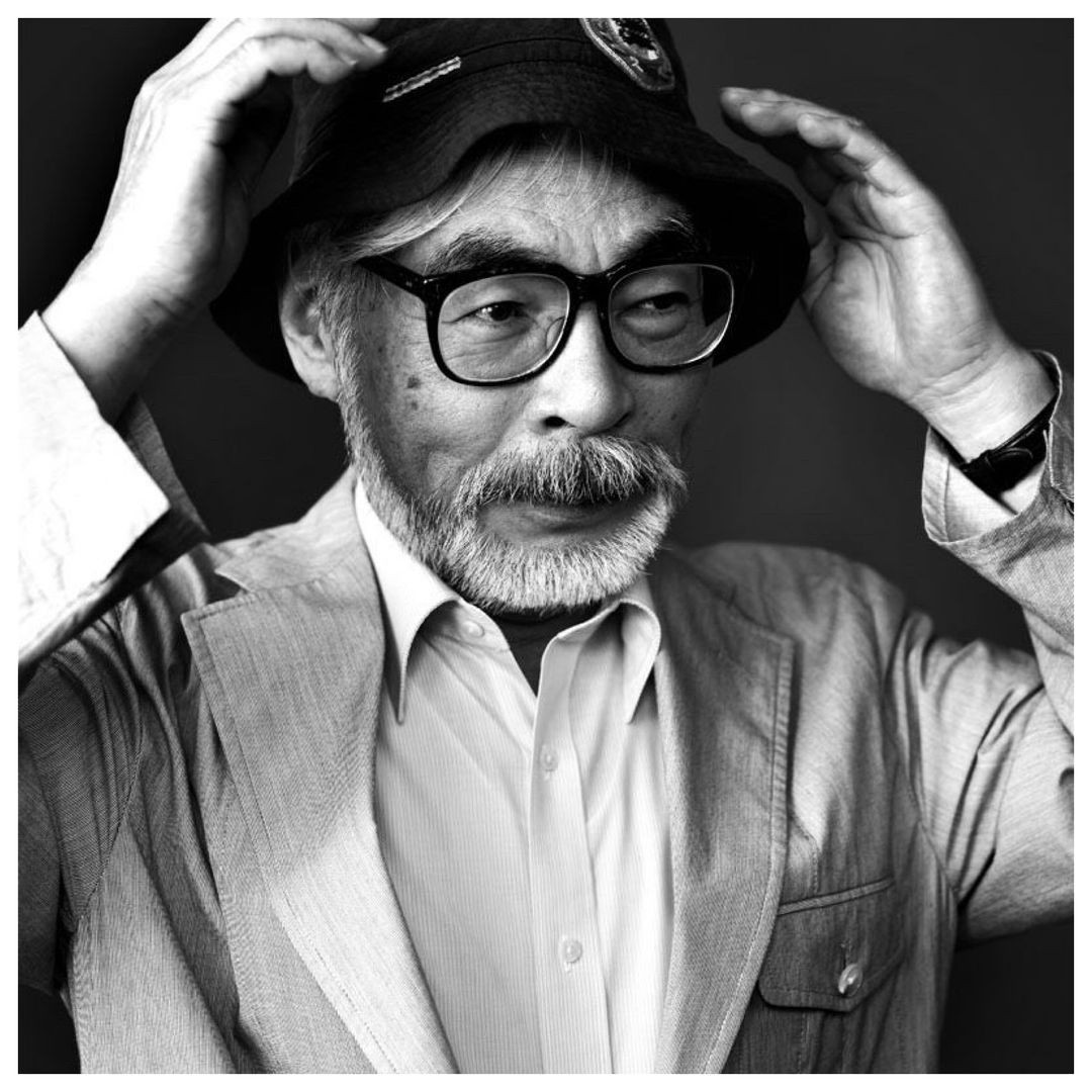 A portrait of Japanese director Hayao Miyazaki.