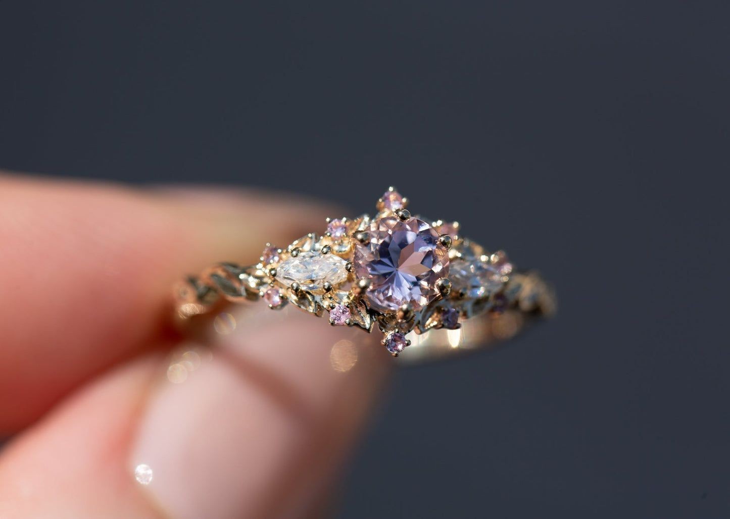 The Briar Rose Three Stone with 5mm Lab Pink Sapphire ring by Oore Jewelry.